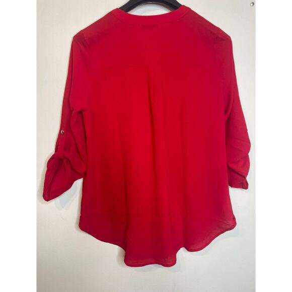 Notations Womens Split Neck Blouse Roll Tab Sleeve Hi-Low Hem Size XL Red - Picture 2 of 7